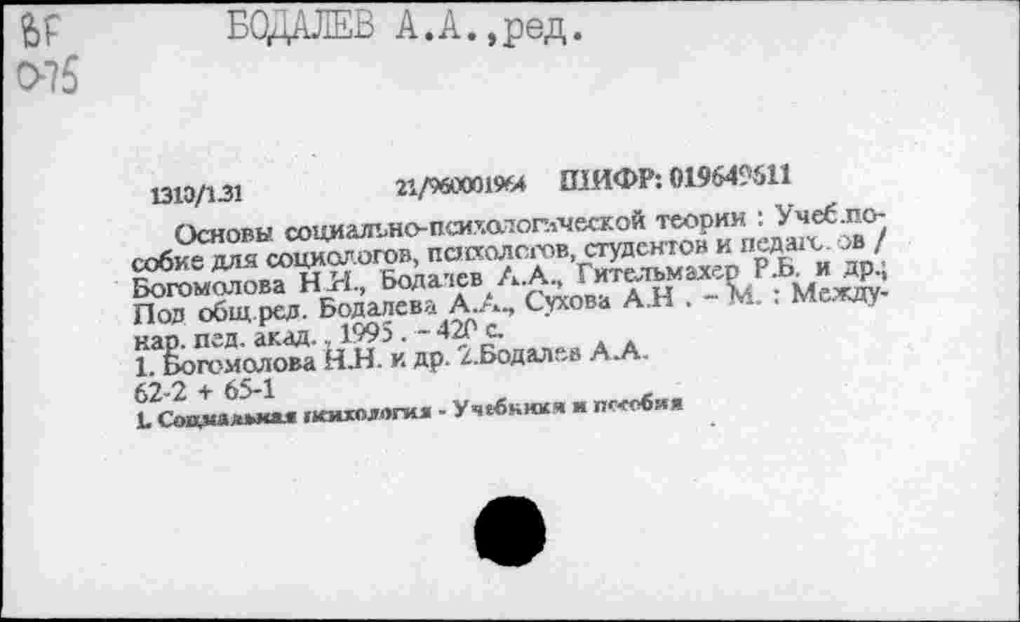 ﻿075
1310/131	21/960001964 ШИФР: 019649511
Основы социально-псилатоплеской теории : Учеблто-соби“ ДЛЯ социологов, психологов, студентов и педагс. л / ЙЙЖ, Бодалев Л.А, Гителмох^Г.Ь и Wj Под общ ред. Бодалева А.А, Сухова А.Н . - М. . Между кар. пед. акад., 199э . - 420 с.
1. Богомолова НЛ. и др. ^.Бодалев А. А.
62 ”2 + 65-1
L Соаиальиал психологи* - У чебкикя и п<-«*ия